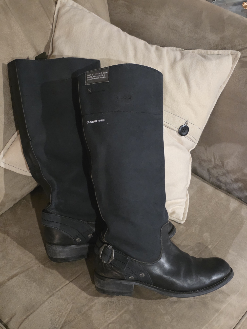 G-Star Women's Black Tall Leather And Denim Moto Boots